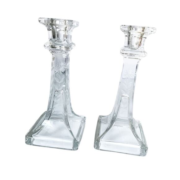 Pair Vintage Etched Glass Tapered Candle Stick Holders Etched Flower on 4 sides - Picture 1 of 6